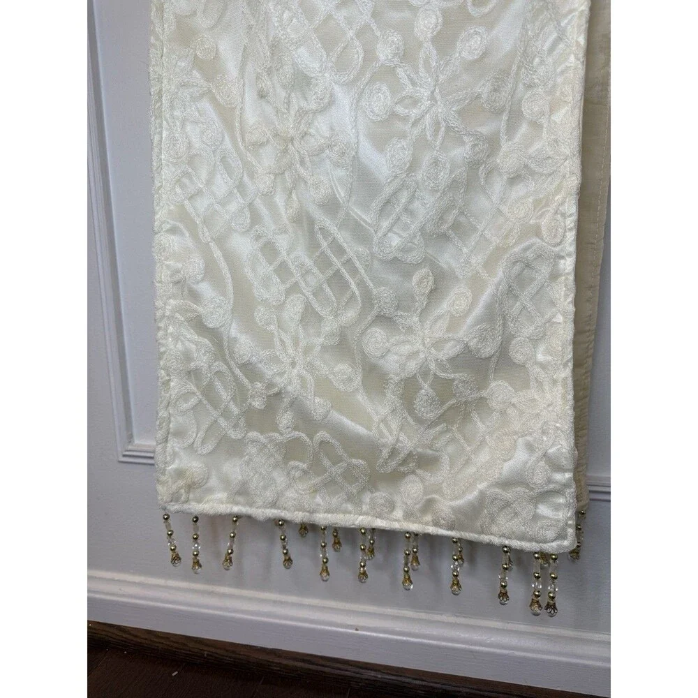Ivory Cream Embroidered Lace Table Runner 80” x 12” Gold Crystal Bead Fringe